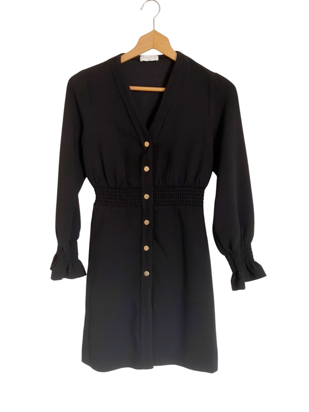 Sandro Paris Lylie Noir Black Press Stud Front Long Sleeve Mini Dress size XS